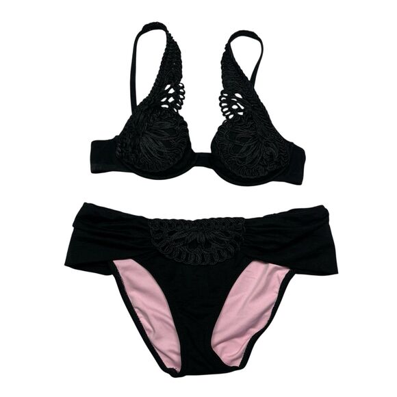 Betsey Johnson Lace Bikini Top Bottom Pink Black - Picture 1 of 10